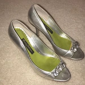 Silver peep toe heels